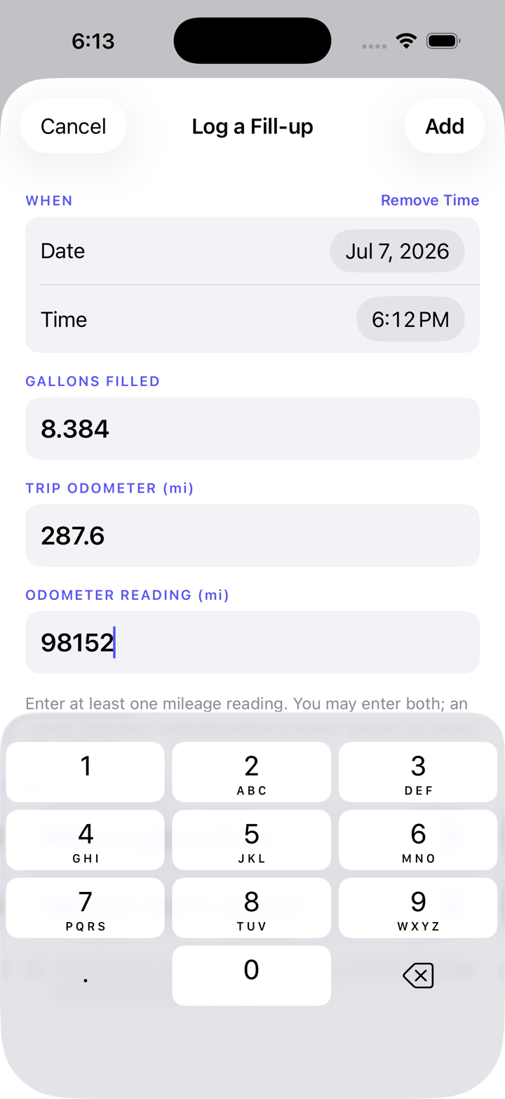 TankTalk Log a Fill-up screen with date, time, gallons filled, trip odometer, and odometer reading fields.