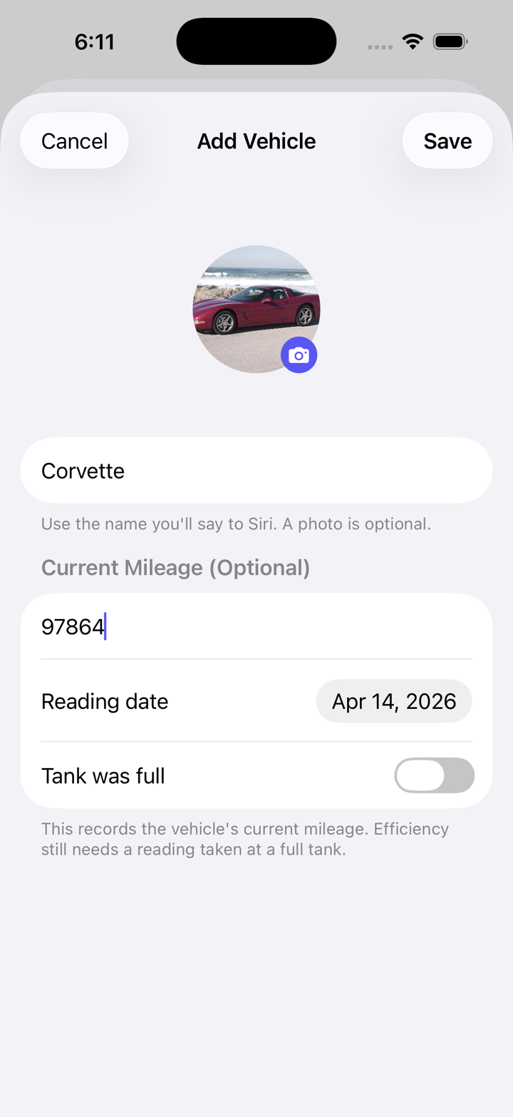 TankTalk Add Vehicle screen with a vehicle photo, name, current mileage, reading date, and tank-full setting.