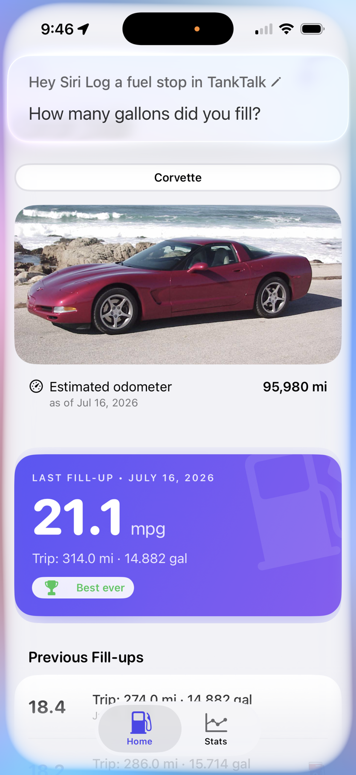 Siri logging a TankTalk fuel stop and asking how many gallons were added.